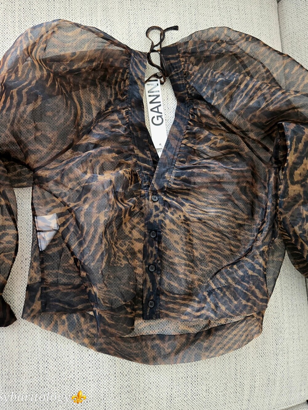 NWT GANNI Brown and Black Sheer Animal-Print Button Blouse Size:34/XS